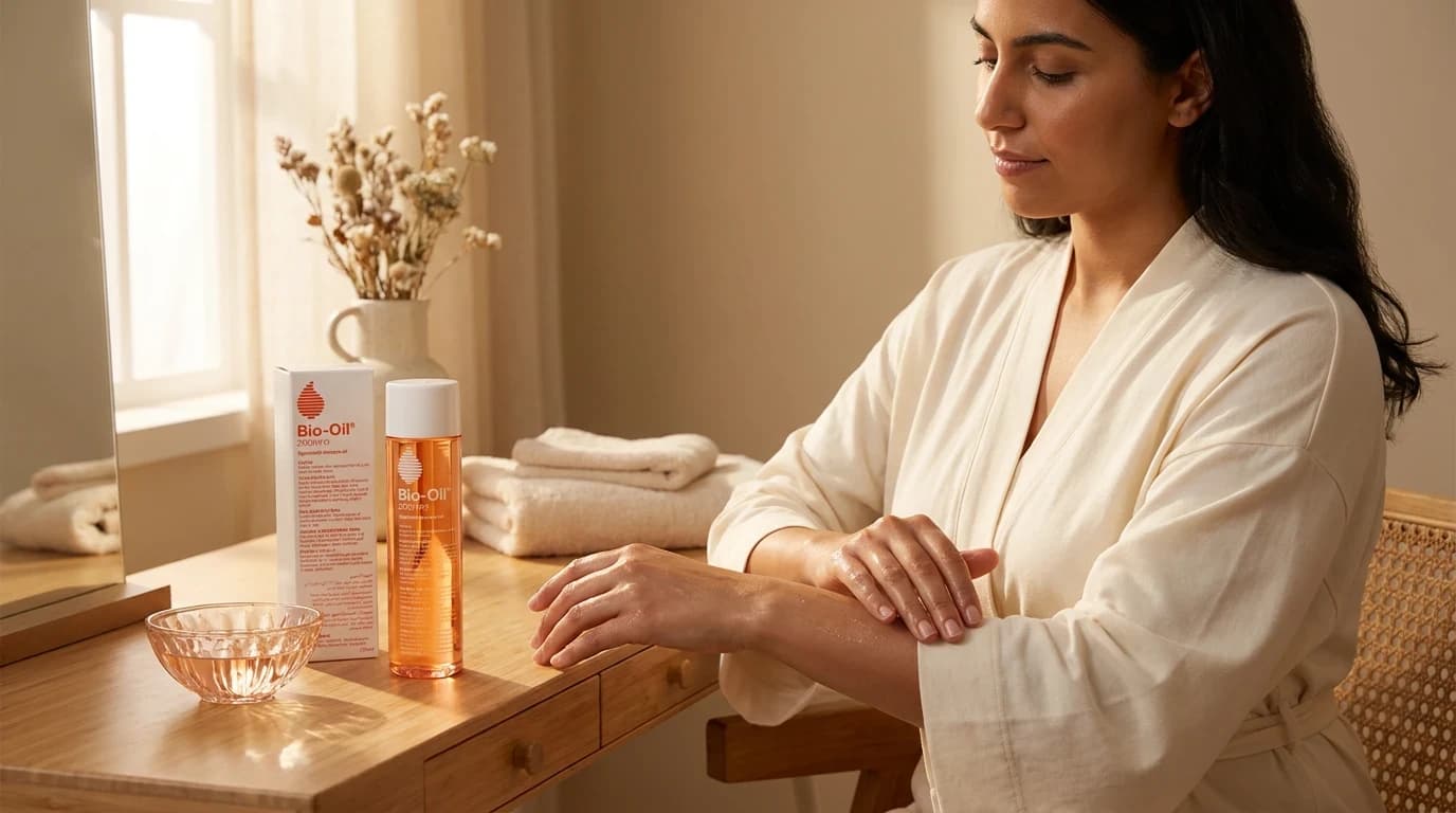 امرأة جزائرية في بيت هادئ تضع Bio-Oil ضمن ركن عنايتها اليومي مع العبوة الأصلية واضحة على الطاولة وإحساس راحة ورضا